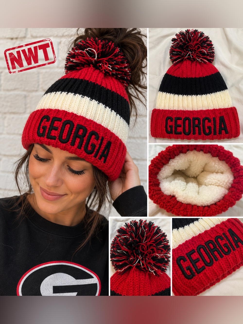 Georgia Bulldogs Pom Pom Knit Beanie Red Black White Sherpa Lined NWT